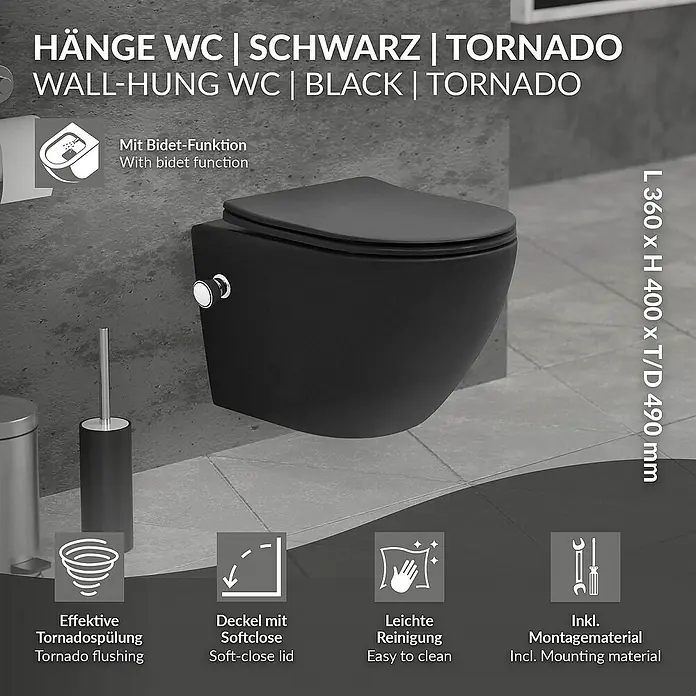 LuxeBath Wand-WC kurz 49cm Schwarz Bidet-Funktion Tornadospülung Softclose - Schwarz - Abgebildet ist eine moderne, wandhängende, schwarze Toilette mit Bidet-Funktion und Tornado-Spülung. Inklusive Montagematerial.