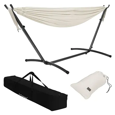 ML-Design  Hängematte XXL Hängesessel Beige mit Tragetasche und Ständer für Garten/Balkon
