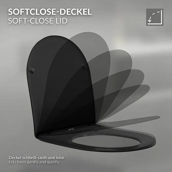LuxeBath Wand-WC lang 54cm Schwarz Bidet-Funktion Nano Beschichtung - Schwarz - Bild einer Toilette mit Softclose-Deckel, der sanft schließt. Der schwarze Toilettendeckel wird mehrfach überlagert dargestellt.