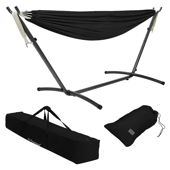 ML-Design Hängematte XXL Hängesessel Schwarz mit Tragetasche und Ständer für Garten/Balkon - L x B: 255 x 99 cm, Stahl, Schwarz, Passend für: Erholung, Lesen, Entspannen - Schwarze Hängematte mit Gestell und Tragetaschen. Das Set beinhaltet eine Hängematte, ein stabiles Gestell und Tragetaschen für einfachen Transport.