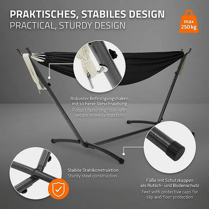 ML-Design Hängematte XXL Hängesessel Schwarz mit Tragetasche und Ständer für Garten/Balkon - L x B: 255 x 99 cm, Stahl, Schwarz, Passend für: Erholung, Lesen, Entspannen - Abbildung einer freistehenden Hängematte mit robustem Stahlrahmen, sicheren Befestigungshaken und Schutzkappen für Rutsch- und Bodenschutz.