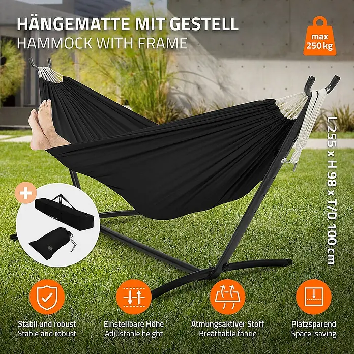 ML-Design Hängematte XXL Hängesessel Schwarz mit Tragetasche und Ständer für Garten/Balkon - L x B: 255 x 99 cm, Stahl, Schwarz, Passend für: Erholung, Lesen, Entspannen - Schwarze Hängematte mit Gestell, ideal für den Garten oder die Terrasse, mit einer maximalen Belastbarkeit von 250 kg.