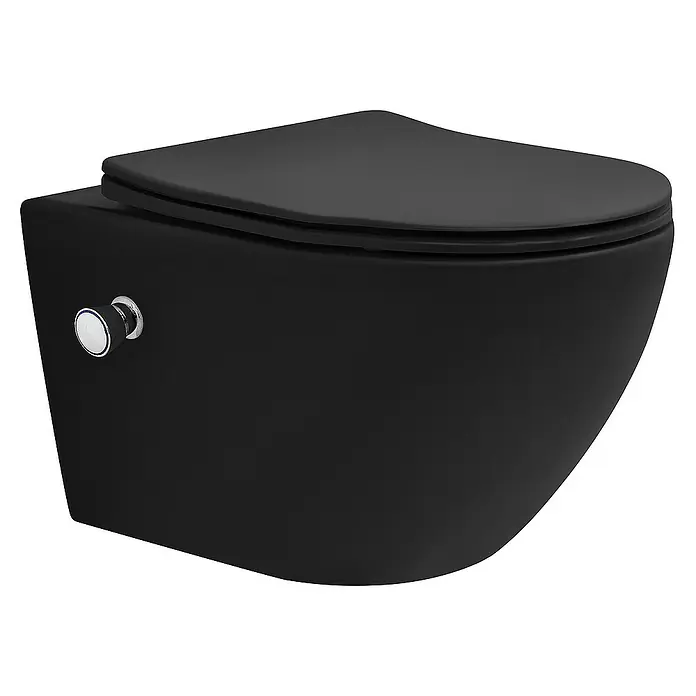LuxeBath Wand-WC lang 54cm Schwarz Bidet-Funktion Nano Beschichtung - Schwarz - Ein elegantes, schwarzes Wand-WC mit modernem Design und einem schlanken, geschlossenen Sitz. Es besticht durch seine minimalistische Form und stilvolle Optik.