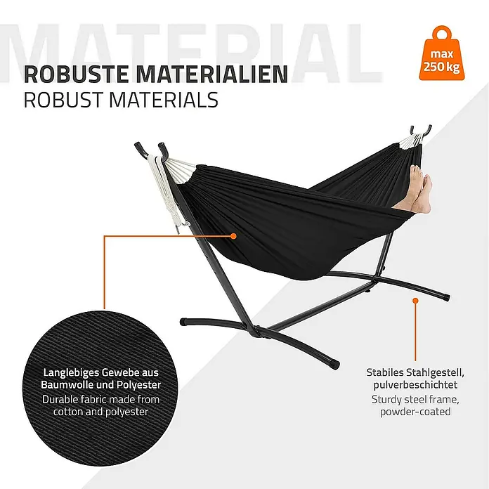 ML-Design Hängematte XXL Hängesessel Schwarz mit Tragetasche und Ständer für Garten/Balkon - L x B: 255 x 99 cm, Stahl, Schwarz, Passend für: Erholung, Lesen, Entspannen - Das Bild zeigt eine robuste Hängematte mit Stahlgestell und Stoff aus Baumwolle und Polyester. Maximale Belastbarkeit: 250 kg.