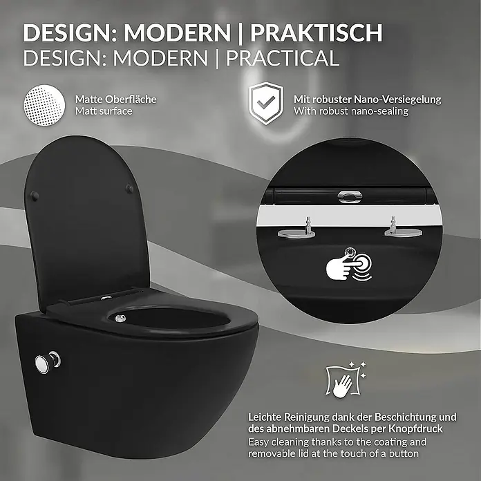 LuxeBath Wand-WC lang 54cm Schwarz Bidet-Funktion Nano Beschichtung - Schwarz - Elegantes, modernes, schwarzes Wand-WC-Set mit matter Oberfläche und robuster Nano-Versiegelung für einfache Reinigung.