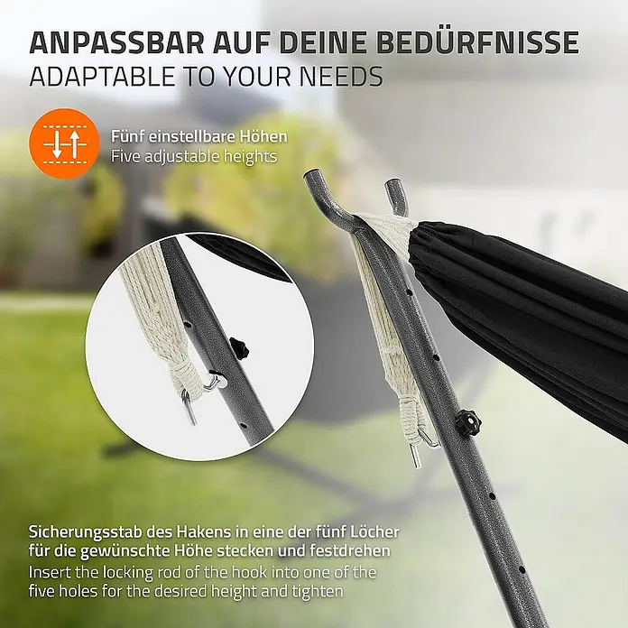 ML-Design Hängematte XXL Hängesessel Schwarz mit Tragetasche und Ständer für Garten/Balkon - L x B: 255 x 99 cm, Stahl, Schwarz, Passend für: Erholung, Lesen, Entspannen - Bild einer Hängematte mit verstellbarer Höhe, die sich an Ihre Bedürfnisse anpasst. Die Hängematte verfügt über fünf einstellbare Höhen.