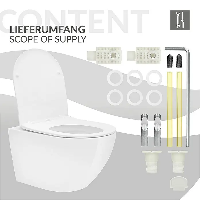 LuxeBath Wand-WC lang 54cm Weiß ohne Spülrand Tornadospülung Softclose - Weiß - Lieferumfang einer wandhängenden Toilette mit Zubehör für die Installation, inklusive Schrauben, Dichtungen und Werkzeug.