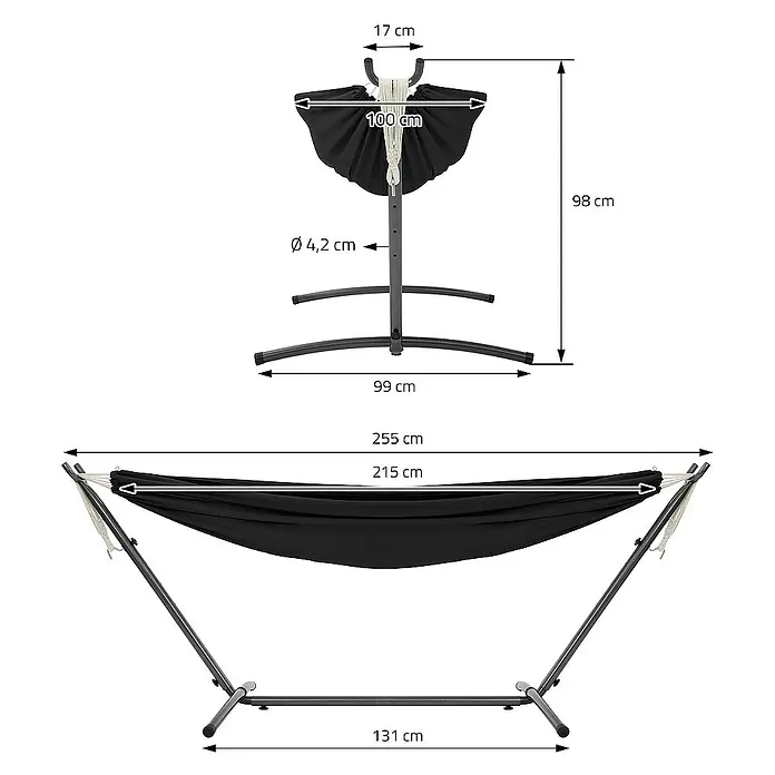 ML-Design Hängematte XXL Hängesessel Schwarz mit Tragetasche und Ständer für Garten/Balkon - L x B: 255 x 99 cm, Stahl, Schwarz, Passend für: Erholung, Lesen, Entspannen - Eine Hängematte mit Gestell und Maßangaben für Länge, Breite und Höhe. Ideal zum Entspannen im Garten oder auf der Terrasse.