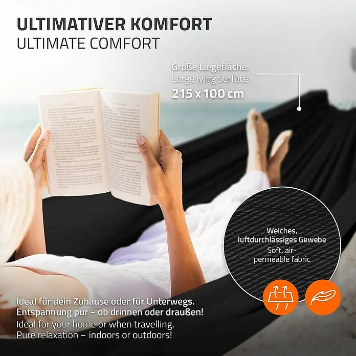 ML-Design Hängematte XXL Hängesessel Schwarz mit Tragetasche und Ständer für Garten/Balkon - L x B: 255 x 99 cm, Stahl, Schwarz, Passend für: Erholung, Lesen, Entspannen - Entspannen Sie sich im ultimativen Komfort mit dieser Hängematte. Großzügige Liegefläche (215 x 100 cm) aus weichem, luftdurchlässigem Gewebe.