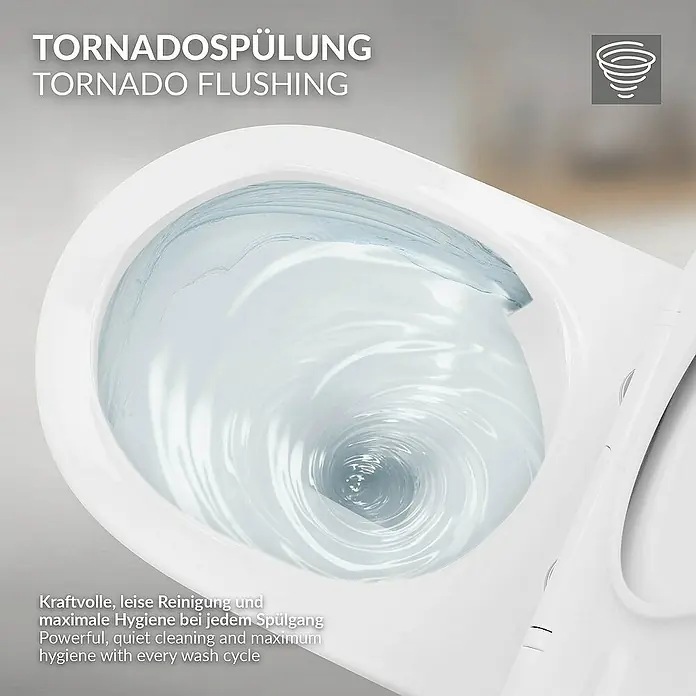 LuxeBath Wand-WC lang 54cm Weiß ohne Spülrand Tornadospülung Softclose - Weiß - Das Bild zeigt eine Nahaufnahme einer Toilette mit Tornado-Spülung. Die Spülung erzeugt einen starken Wirbel für maximale Hygiene.