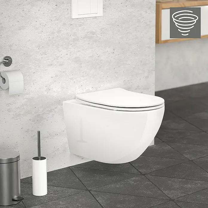 LuxeBath Wand-WC lang 54cm Weiß ohne Spülrand Tornadospülung Softclose - Weiß - Nahaufnahme einer wandhängenden Toilette in einem modernen Badezimmer mit grauen Fliesen und klaren Linien. Das WC ist weiß und hat ein minimalistisches Design.