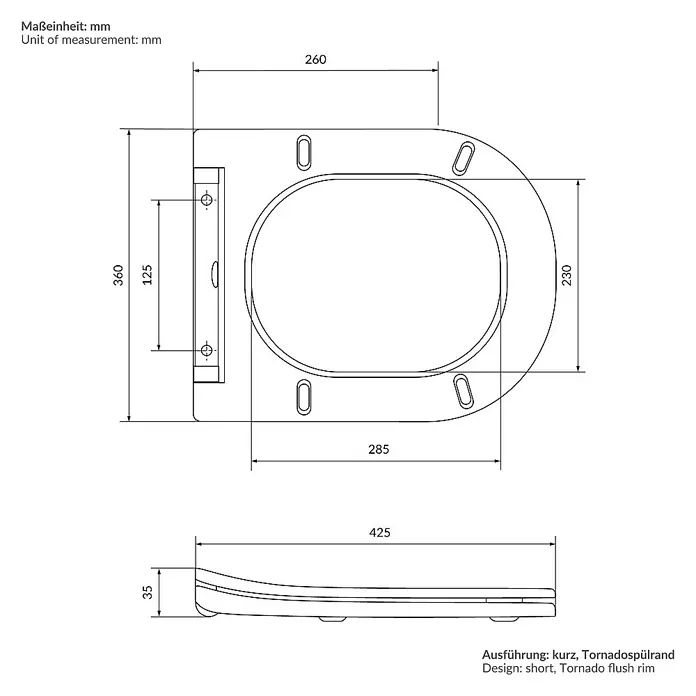 LuxeBath Wand-WC kurz 49cm Weiß ohne Spülrand Tornadospülung Softclose - Weiß - Technische Zeichnung eines WC-Sitzes mit Bemaßung zur Montage. Der WC-Sitz ist kurz und hat einen Tornado-Spülrand.