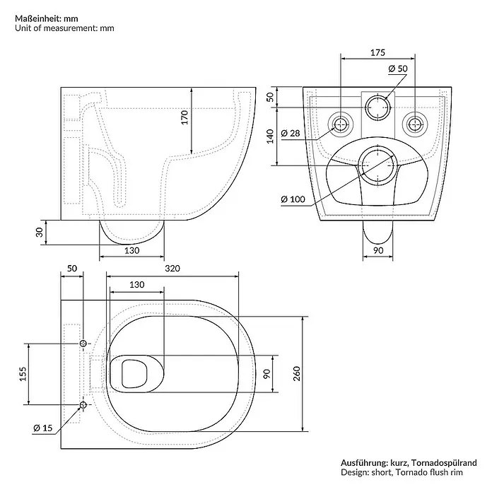 LuxeBath Wand-WC kurz 49cm Weiß ohne Spülrand Tornadospülung Softclose - Weiß - Schematische Darstellung einer wandhängenden Toilette mit Abmessungen für Installationszwecke.