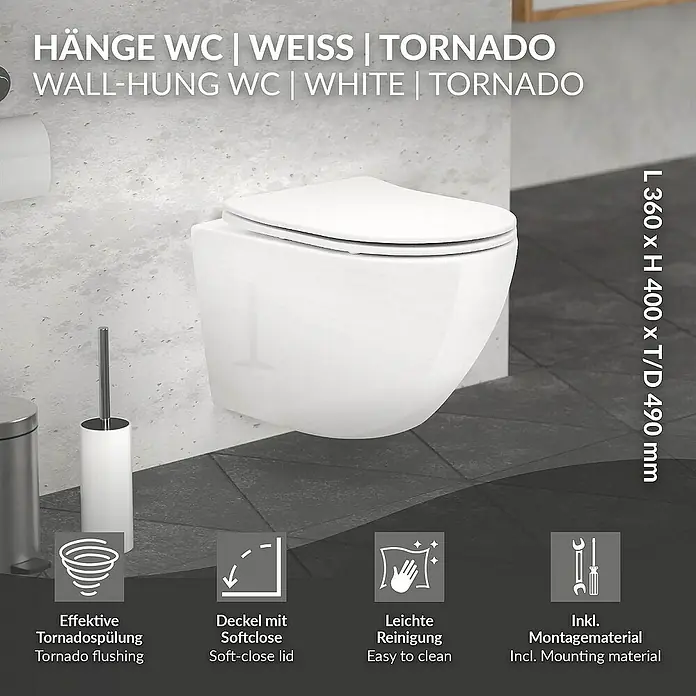 LuxeBath Wand-WC kurz 49cm Weiß ohne Spülrand Tornadospülung Softclose - Weiß - Abbildung einer weißen, wandhängenden Toilette mit Tornado-Spülung und Softclose-Deckel, inklusive Montagematerial und einfacher Reinigung.