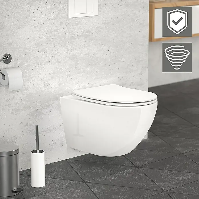 LuxeBath Wand-WC lang 54cm Weiß Nano Beschichtung Tornadospülung - Weiß - Wandhängendes WC in Weiß mit Toilettenpapierhalter, Bürste und Mülleimer für ein modernes Badezimmerdesign.