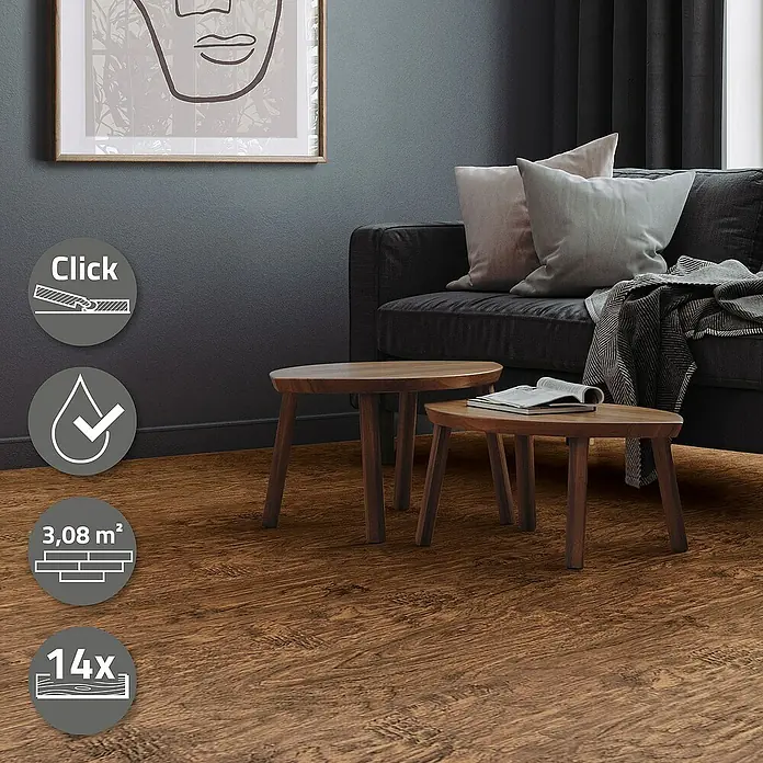 ML-Design Vinylboden - Braun, 122 cm x 18 cm x 0,42 mm - Das Bild zeigt einen Holzboden mit praktischem Klicksystem, wasserabweisender Oberfläche, 3,08 m² Fläche und 14 Paneelen.