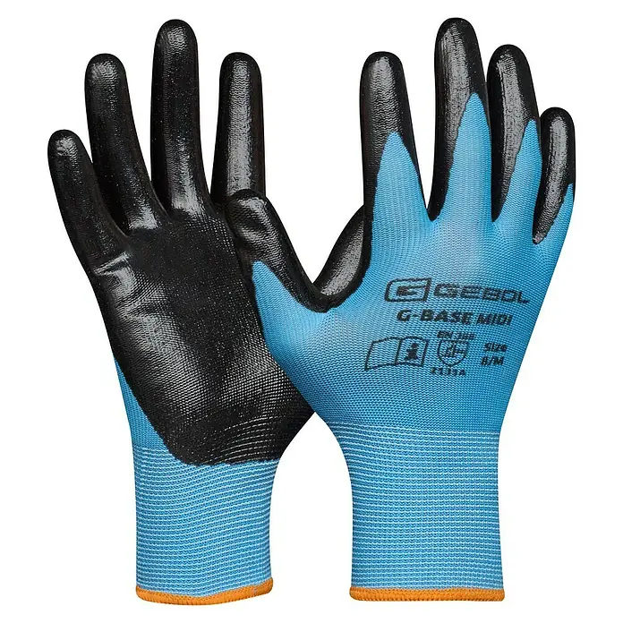 Gebol Arbeitshandschuhe G-Base - Blau, 10 - Ein Paar blaue und schwarze Gebol G-Base Midi Arbeitshandschuhe mit orangefarbenen Säumen.