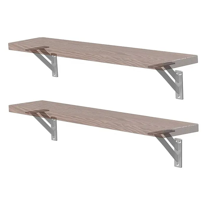 ML-Design Metallregal Wandkonsole Silber Regalstütze Wandregal Regalwinkel Regalhalterungen - H x B x T: 12 x 12 x 12 cm, Aufstellen, Silber - Zwei Holzregale mit Metallhalterungen, die eine schwebende Optik erzeugen und sich ideal für die Wandmontage eignen.