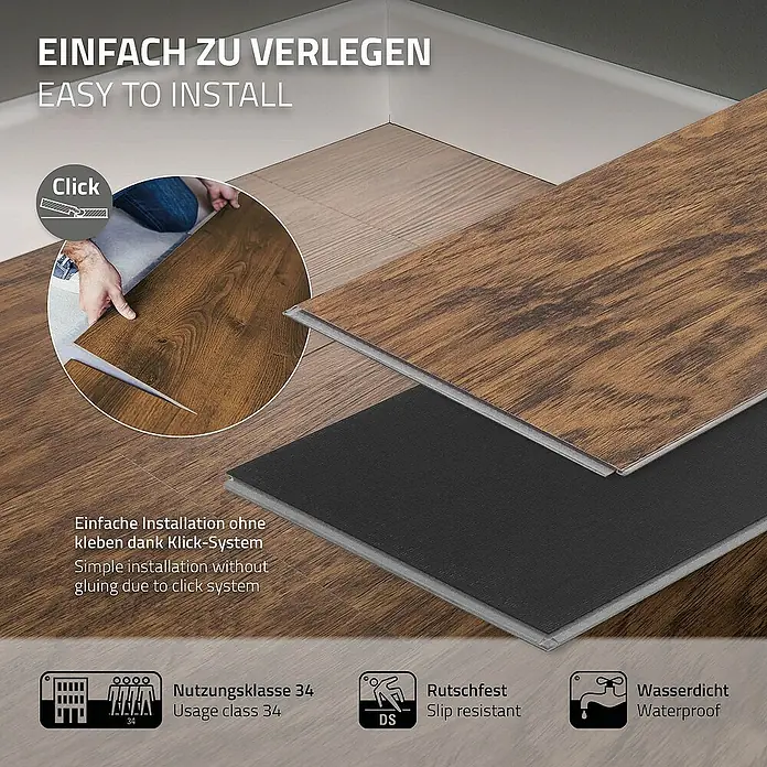ML-Design Vinylboden - Braun, 122 cm x 18 cm x 0,42 mm - Bild von einfach zu verlegendem, wasserfestem und rutschfestem Vinylboden mit Klick-System.