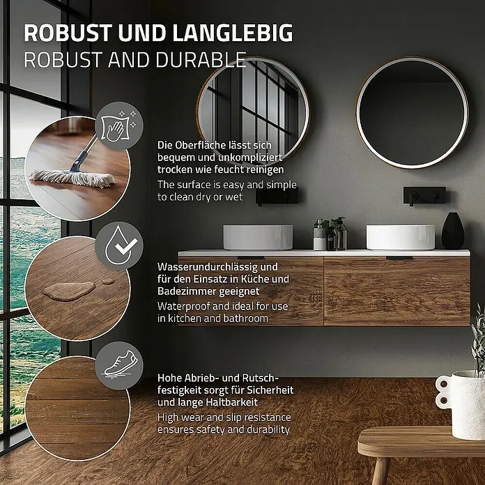 ML-Design Vinylboden - Braun, 122 cm x 18 cm x 0,42 mm - Bild mit Produkteigenschaften: Robust, langlebig, wasserdicht, abriebfest und rutschfest für Küche und Bad.