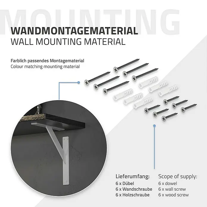 ML-Design Metallregal Regalwinkel Weiß Regalstütze Wandkonsole Wandhalterung - H x B x T: 24 x 3 x 3 cm, Aufstellen, Weiß - Bild von Wandmontagematerial, inklusive Dübel, Schrauben und einer Halterung, die an einer dunklen Wand befestigt ist.