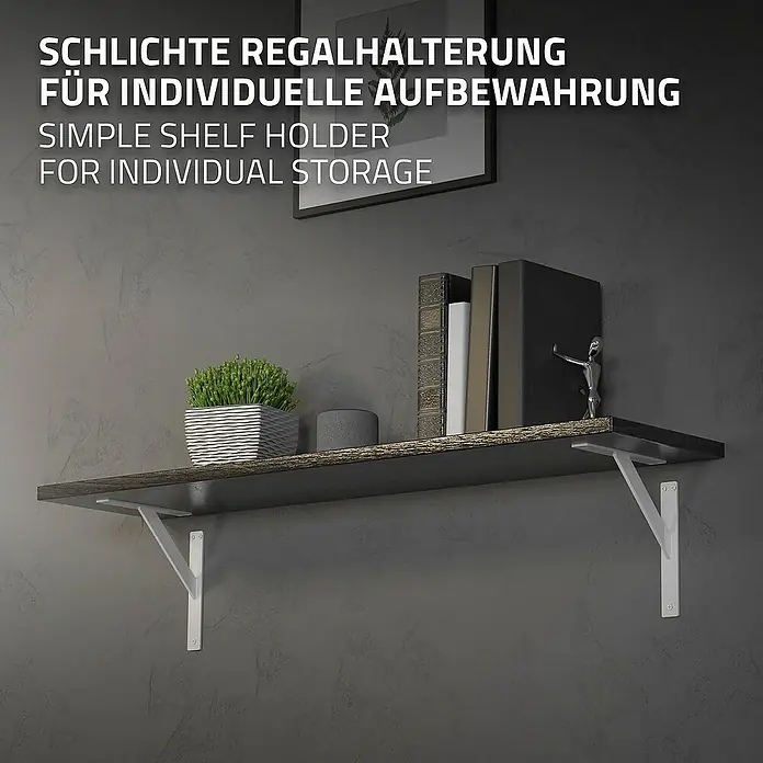 ML-Design Metallregal Regalwinkel Weiß Regalstütze Wandkonsole Wandhalterung - H x B x T: 24 x 3 x 3 cm, Aufstellen, Weiß - Regalhalterung für individuelle Aufbewahrung mit Dekorationen wie Pflanzen, Büchern und einer Statue auf einem dunklen Holzbord.