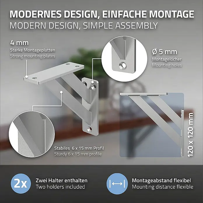 ML-Design Metallregal Wandkonsole Silber Regalstütze Wandregal Regalwinkel Regalhalterungen - H x B x T: 12 x 3 x 3 cm, Aufstellen, Silber - Abbildung eines modernen, silberfarbenen Wandregalträgers mit Maßangaben und Hinweisen zu Montage und Beschaffenheit.