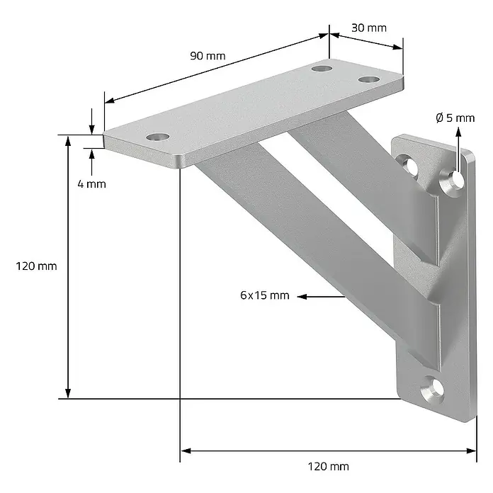 ML-Design Metallregal Wandkonsole Silber Regalstütze Wandregal Regalwinkel Regalhalterungen - H x B x T: 12 x 3 x 3 cm, Aufstellen, Silber - Abbildung einer silberfarbenen Wandhalterung mit detaillierten Maßangaben für Montage und Design, ideal zur Lastverteilung.