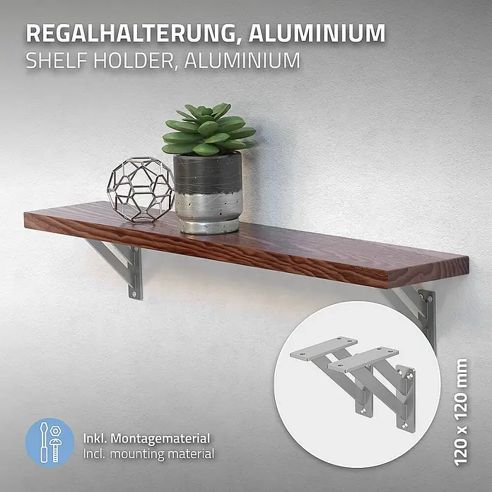 ML-Design Metallregal Wandkonsole Silber Regalstütze Wandregal Regalwinkel Regalhalterungen - H x B x T: 12 x 3 x 3 cm, Aufstellen, Silber - Regalhalterung aus Aluminium mit hölzernem Regalbrett, Dekorationen und Montagezubehör für eine einfache Installation.