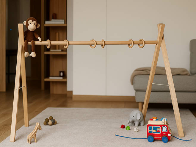 Der selbstgemachte Spielbogen aus Holz für Baby steht im Wohnzimmer