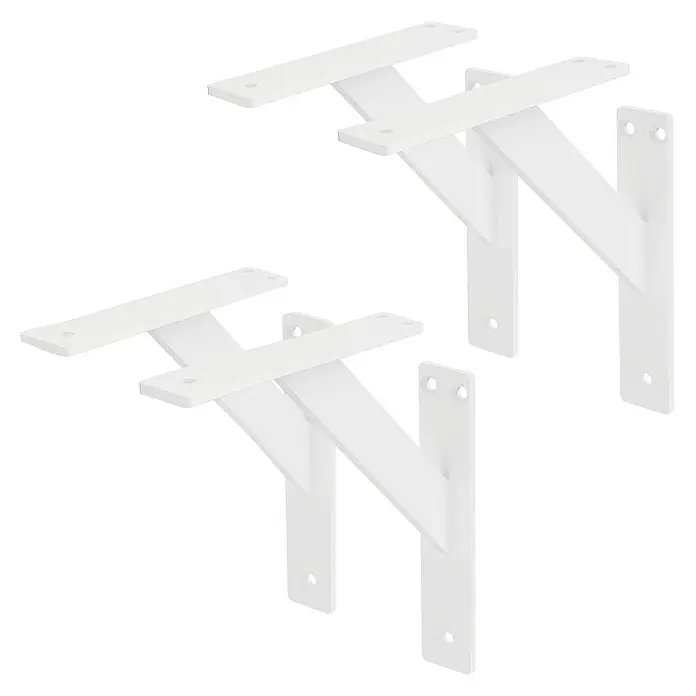 ML-Design Metallregal Regalwinkel Weiß Regalstütze Wandkonsole Wandhalterung - Aufstellen, Weiß - Draufsicht von zwei weißen Regalhalterungen mit Löchern für Schrauben zur einfachen Montage an der Wand, perfekt für Regalböden.