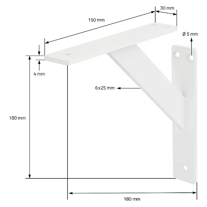 ML-Design Metallregal Regalwinkel Weiß Regalstütze Wandkonsole Wandhalterung - Aufstellen, Weiß - Nahaufnahme einer weißen Regalhalterung mit Maßangaben, die ihre Größe und Abmessungen detailliert beschreiben.