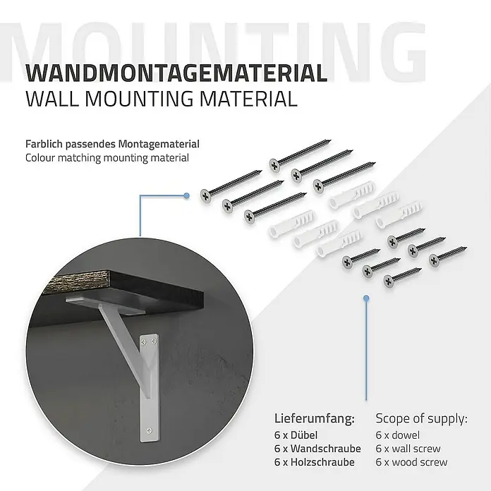 ML-Design Metallregal Regalwinkel Weiß Regalstütze Wandkonsole Wandhalterung - Aufstellen, Weiß - Abbildung des Wandmontagematerials, inklusive Dübel, Wandschrauben und Holzschrauben, die für die Montage benötigt werden.