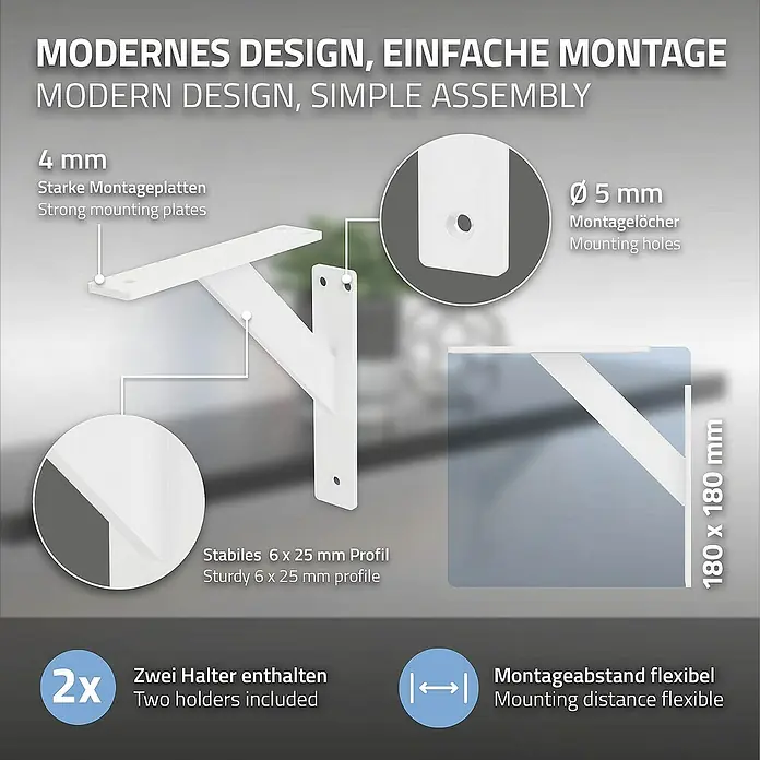 ML-Design Metallregal Regalwinkel Weiß Regalstütze Wandkonsole Wandhalterung - Aufstellen, Weiß - Abbildung einer modernen, weißen Wandhalterung mit verschiedenen Details und Maßen.