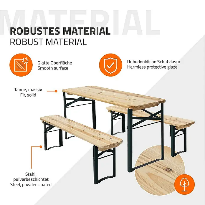 ML-Design Kinder-Picknicktisch Garten Sitzgruppe für Kinder, Braun, Tannenholz, massiv, mit 4 Plätzen - Braun, Dunkelgrün, Holz - Abbildung eines robusten Biertischsets mit glatter Oberfläche, unbedenklicher Schutzlasur und pulverbeschichteten Stahlfüßen.