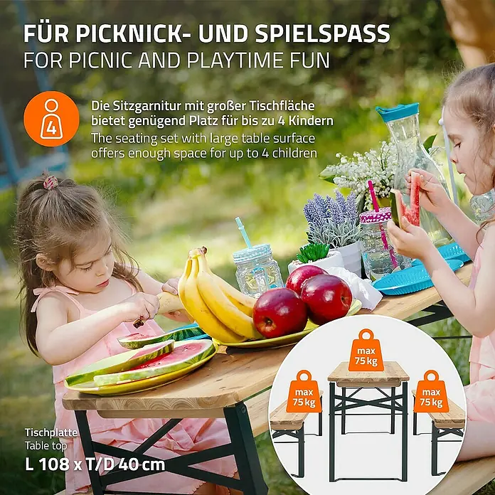ML-Design Kinder-Picknicktisch Garten Sitzgruppe für Kinder, Braun, Tannenholz, massiv, mit 4 Plätzen - Braun, Dunkelgrün, Holz - Bild eines Kindersitzgarnitur-Sets mit Tisch und Bänken für Picknick und Spiel im Freien.