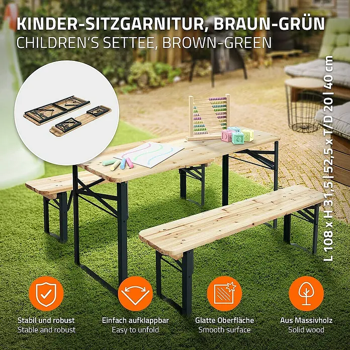 ML-Design Kinder-Picknicktisch Garten Sitzgruppe für Kinder, Braun, Tannenholz, massiv, mit 4 Plätzen - Braun, Dunkelgrün, Holz - Kinder-Sitzgarnitur aus Holz in Braun und Grün mit Tisch und zwei Bänken, ideal für den Garten oder das Kinderzimmer.