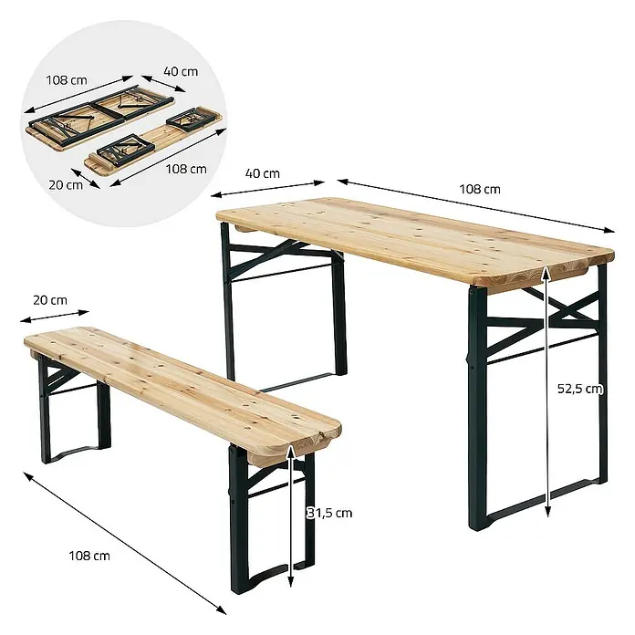 ML-Design Kinder-Picknicktisch Garten Sitzgruppe für Kinder, Braun, Tannenholz, massiv, mit 4 Plätzen - Braun, Dunkelgrün, Holz - Bild eines zusammenklappbaren Bierzeltgarnitur-Sets mit Maßen, bestehend aus einem Tisch und zwei Bänken.