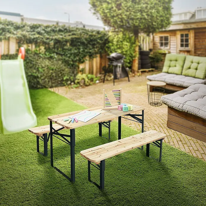 ML-Design Kinder-Picknicktisch Garten Sitzgruppe für Kinder, Braun, Tannenholz, massiv, mit 4 Plätzen - Braun, Dunkelgrün, Holz - Hölzerner Kindersitzgarnitur mit zwei Bänken auf einem grünen Rasen, perfekt für den Garten. Inklusive Abakus und Malutensilien.