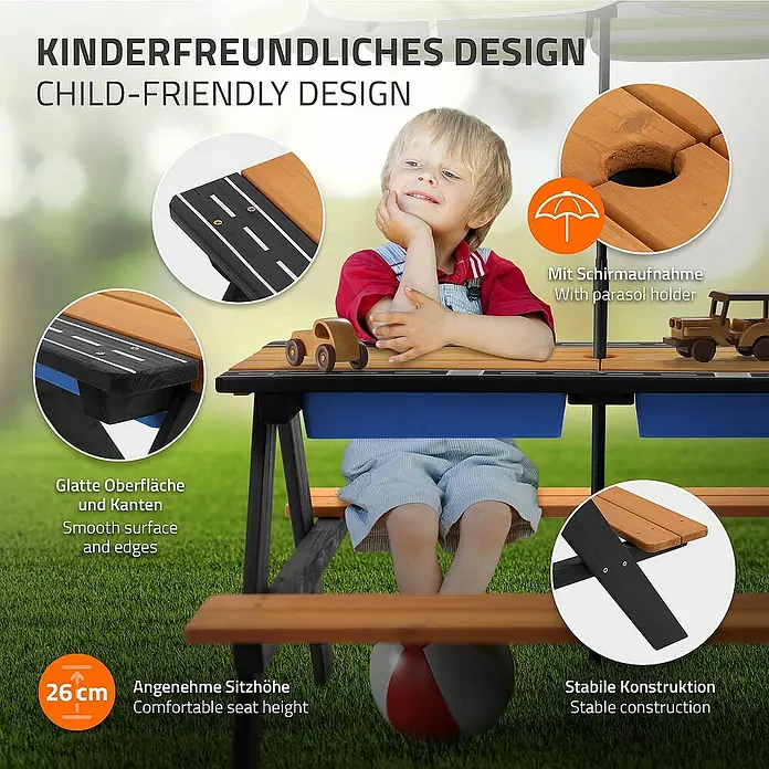 ML-Design Kinder-Picknicktisch Sitzgruppe inkl. 2 Wannen, Sand- und Wasserspieltisch Matschtisch - Braun, Blau, Schwarz, Holz - Kinderfreundliches Design: Kindersitzgruppe mit integrierter Straße, Sonnenschirmhalterung und bequemer Sitzhöhe für unbeschwerten Spielspaß im Freien.