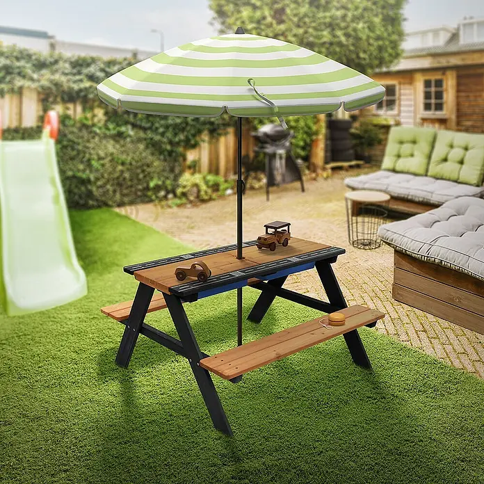 ML-Design Kinder-Picknicktisch Sitzgruppe inkl. 2 Wannen, Sand- und Wasserspieltisch Matschtisch - Braun, Blau, Schwarz, Holz - Holz Kindertisch mit blauem Akzent und Sonnenschirm. Perfekt für Garten oder Terrasse. Kleine Spielzeuge auf dem Tisch laden zum Spielen ein.