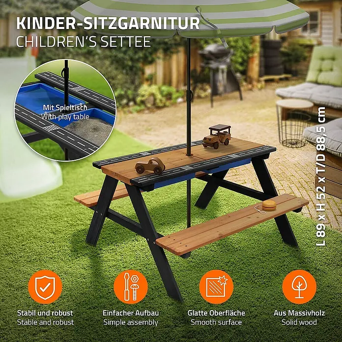 ML-Design Kinder-Picknicktisch Sitzgruppe inkl. 2 Wannen, Sand- und Wasserspieltisch Matschtisch - Braun, Blau, Schwarz, Holz - Eine Kinder-Sitzgarnitur mit Spieltisch und Sonnenschirm im Garten. Das Set ist stabil, robust und aus Massivholz.