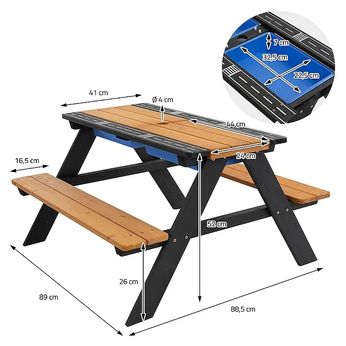 ML-Design Kinder-Picknicktisch Sitzgruppe inkl. 2 Wannen, Sand- und Wasserspieltisch Matschtisch - Braun, Blau, Schwarz, Holz - Abbildung eines Kindersitzgarnitur mit integriertem Sandkasten und eingezeichneten Maßangaben zur Veranschaulichung der Dimensionen.