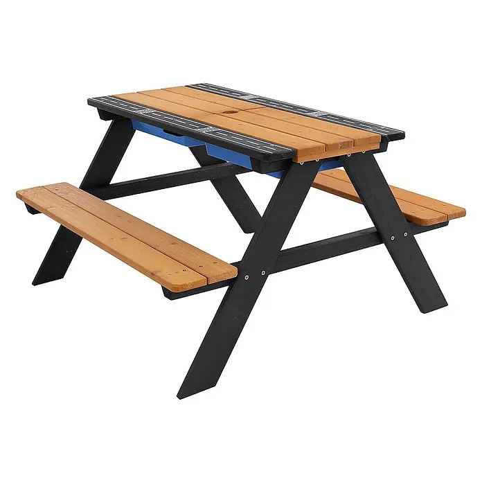 ML-Design Kinder-Picknicktisch Sitzgruppe inkl. 2 Wannen, Sand- und Wasserspieltisch Matschtisch - Braun, Blau, Schwarz, Holz - Bild eines Kindersitzgarnitur mit Tischplatte und Bänken aus hellem Holz mit schwarzem Gestell. Die Tischplatte hat ein Straßenmuster.