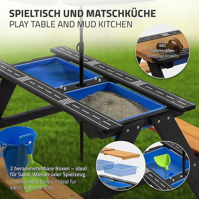 ML-Design Kinder-Picknicktisch Sitzgruppe inkl. 2 Wannen, Sand- und Wasserspieltisch Matschtisch - Braun, Blau, Schwarz, Holz - Bild eines Spieltisches mit Matschküche, ideal für Sand und Wasser, mit herausnehmbaren Boxen und Spielstraßen.