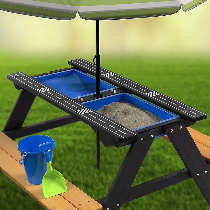 ML-Design Kinder-Picknicktisch Sitzgruppe inkl. 2 Wannen, Sand- und Wasserspieltisch Matschtisch - Braun, Blau, Schwarz, Holz - Sandkasten mit Tisch und Sonnenschirm für Kinder, ideal für Garten und Terrasse. Viel Spaß beim Spielen im Freien!