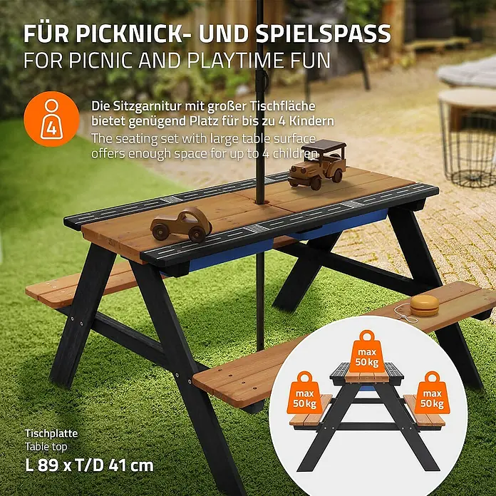 ML-Design Kinder-Picknicktisch Sitzgruppe inkl. 2 Wannen, Sand- und Wasserspieltisch Matschtisch - Braun, Blau, Schwarz, Holz - Kindersitzgarnitur mit Tischplatte und Spielstraße. Ideal für Picknicks und Spielzeit. Maximalbelastung pro Sitz: 50 kg.