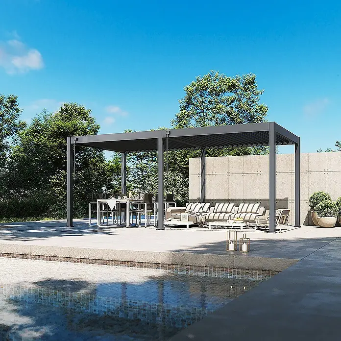 Weide Pergola Classic 3 x 6 M Anthrazit - Farbe Gestell: Graphitgrau, Metall - Geräumige Terrassenüberdachung mit stilvollen Gartenmöbeln für ein entspanntes Outdoor-Erlebnis.