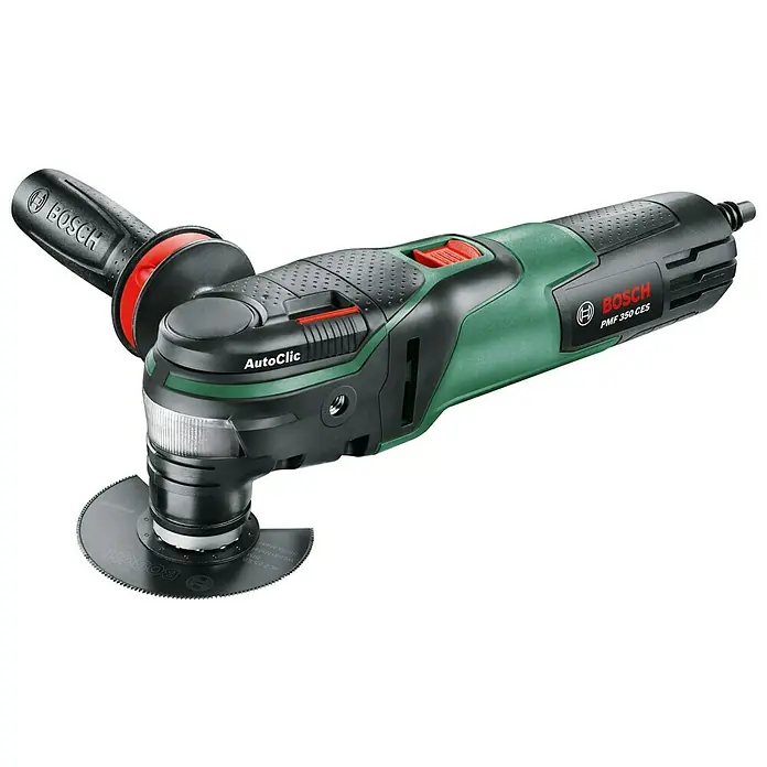 Bosch Elektro-Multifunktionswerkzeug PMF 350 CES - 350 W, STARLOCK-System - Bild einer grünen Bosch PMF 350 CES Multifunktionswerkzeug mit Zubehör, ideal für vielfältige Heimwerkerarbeiten.