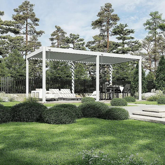 Weide Pergola Classic 3 x 6 M Weiß - Farbe Gestell: Weiß, Metall - Elegante Pergola mit Lamellendach bietet stilvollen Schattenplatz im Garten. Weiße Lounge-Möbel und Esstisch laden zum Verweilen ein.